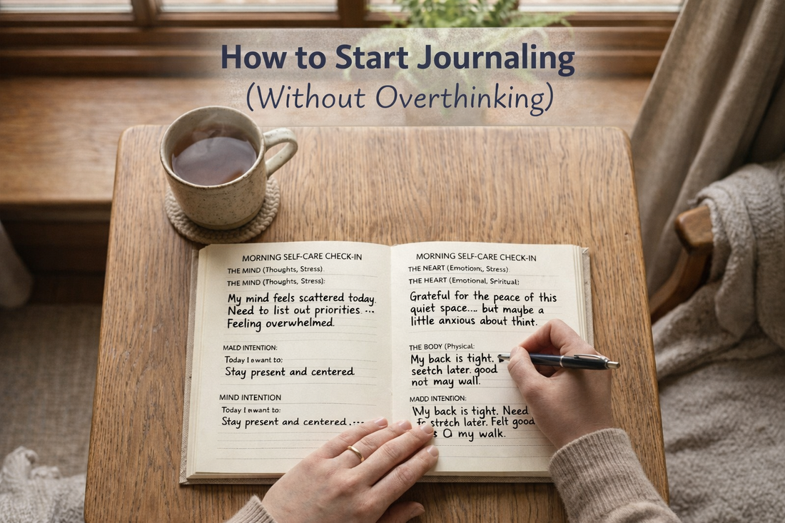 person learning how to start journaling using a guided self care journal with mind heart and body check-in