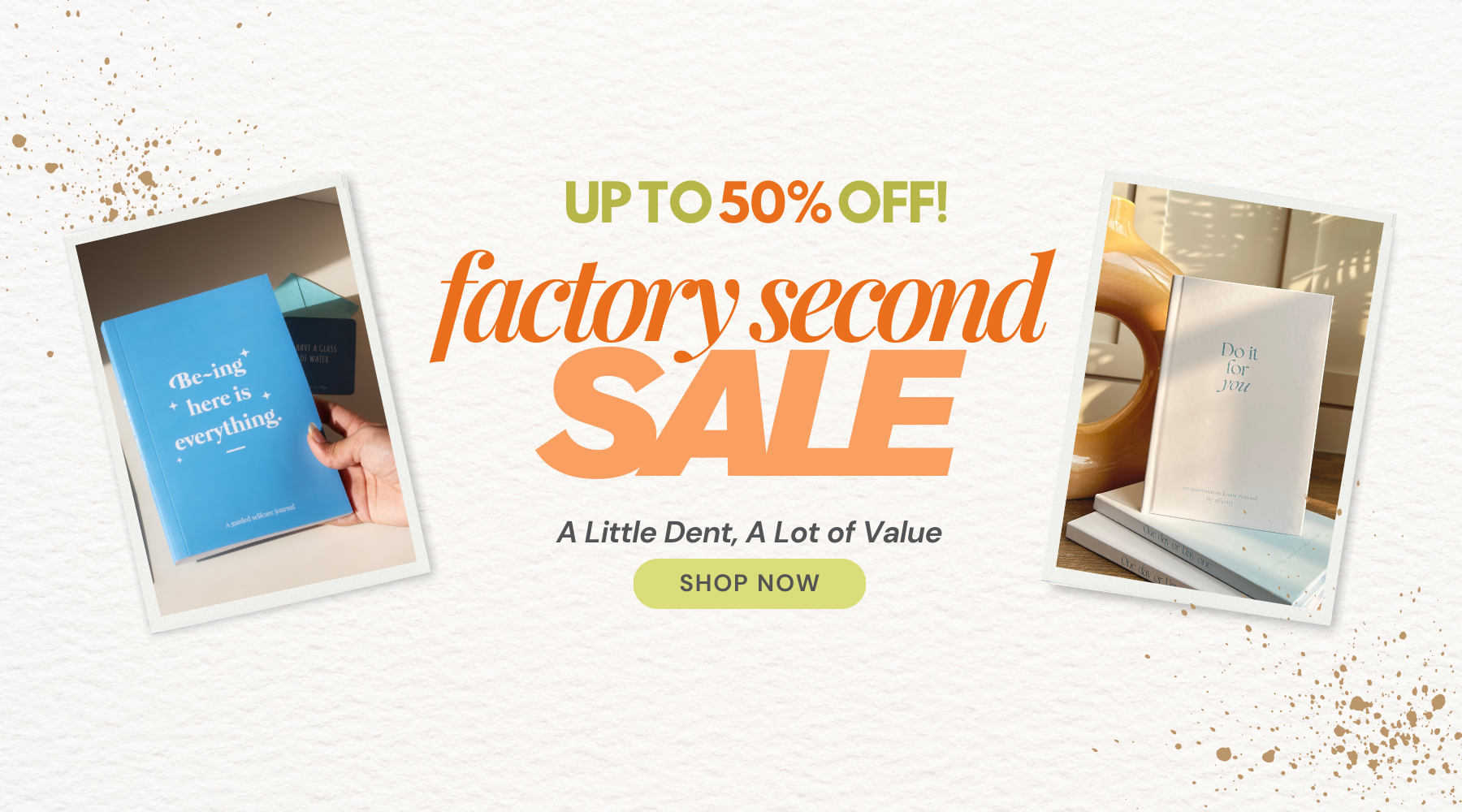 Advertisement for a factory second sale with text and images of books.