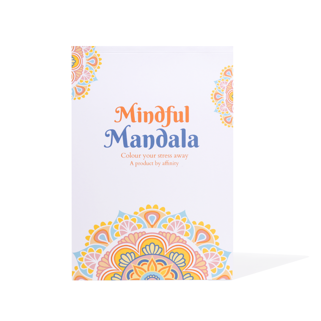 Coloring book titled 'Mindful Mandala' with mandala designs on a white background. affinity mindful mandala for stress relief mockup picture