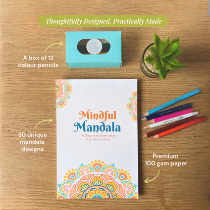 Mindful Mandala coloring book with color pencils on a wooden surface. affinity mindful mandala for stress relief with color pencils