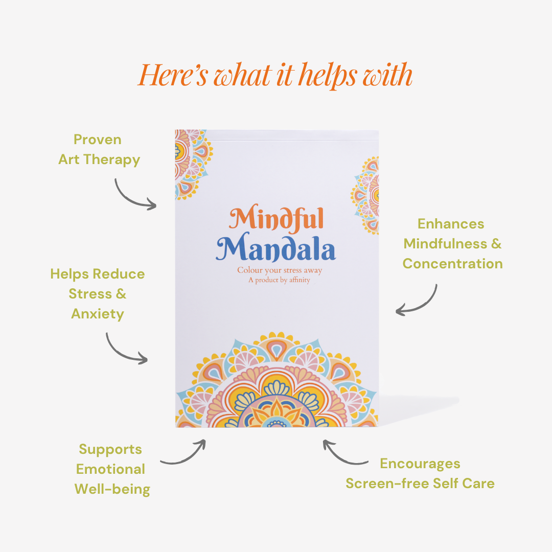Mindful Mandala coloring book with benefits listed on a white background. affinity mindful mandala what it helps with for stress relief