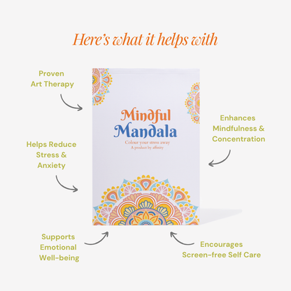 Mindful Mandala coloring book with benefits listed on a white background. affinity mindful mandala what it helps with for stress relief