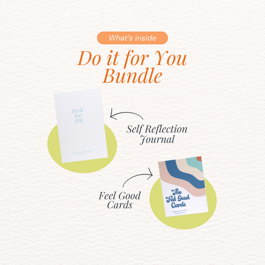 Product bundle with self-reflection journal and feel-good cards on a light background