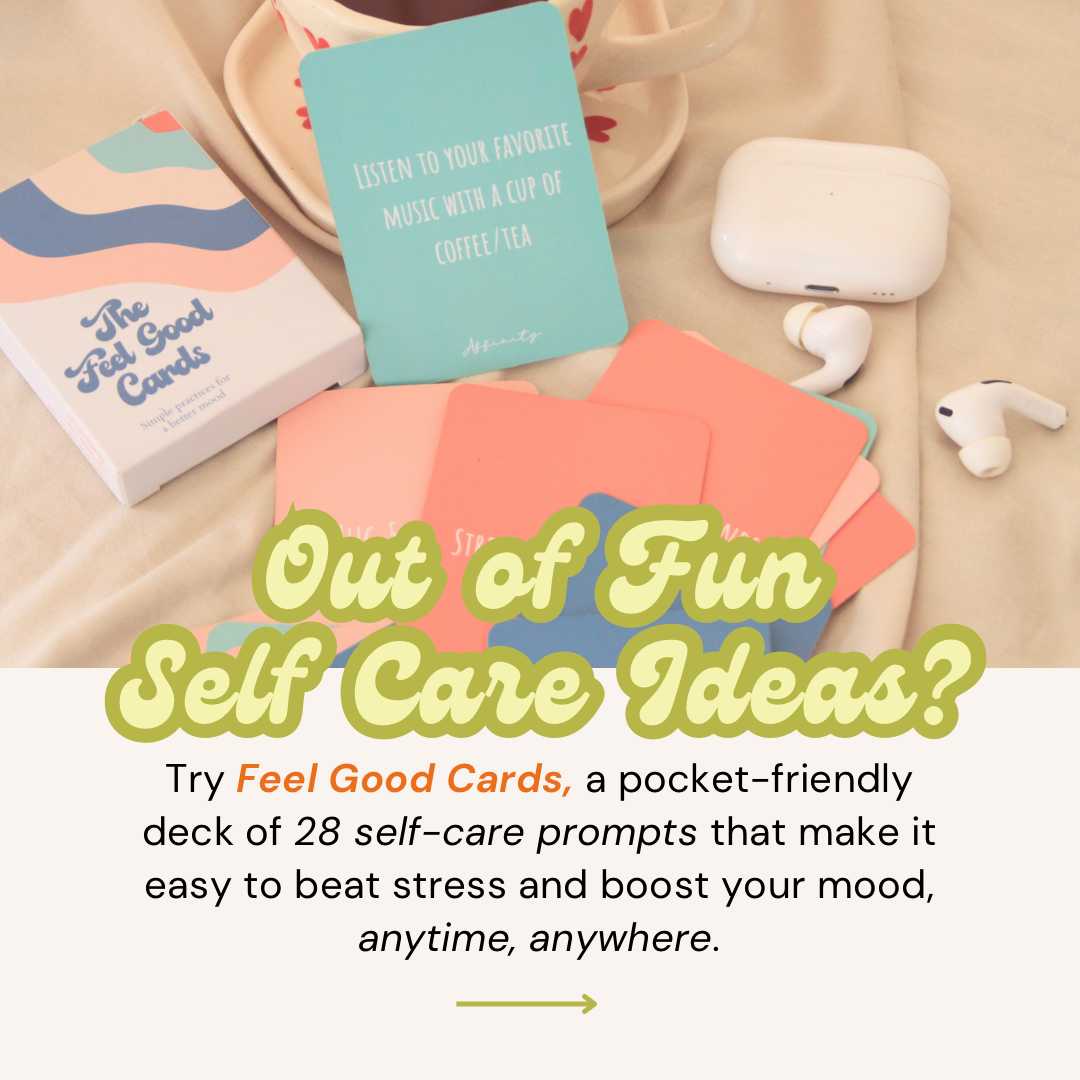 Packaging of 'Feel Good Cards' with text promoting self-care as fun activity.