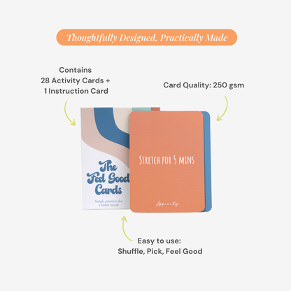 Packaging of 'The Feel Good Cards' with card quality and usage instructions on a white background.