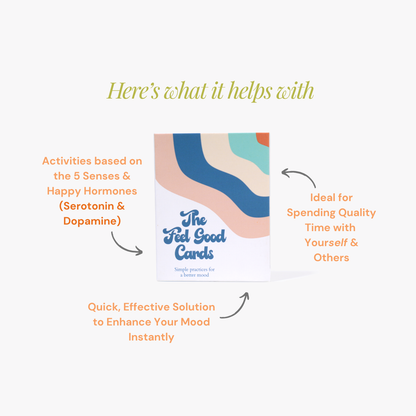 Promotional graphic for 'The Feel Good Cards' with text about its benefits on a white background.