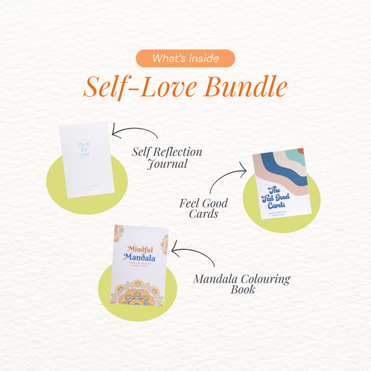 Self-Love Bundle with self-reflection journal, feel-good cards, and mandala coloring book on a white background. self care gift set