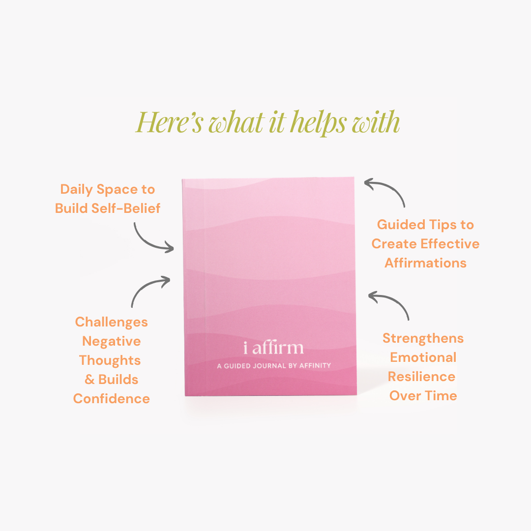 Pink journal titled 'i affirm' with text on a white background