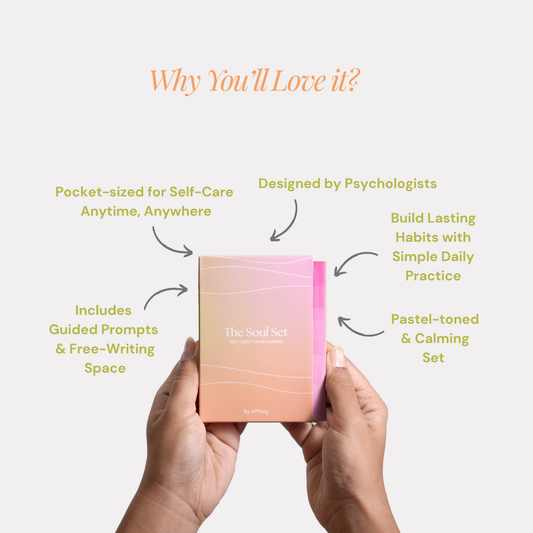 Product packaging held by hands with promotional text on a white background