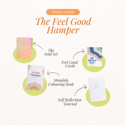 Diagram of items included in 'The Feel Good Hamper' on a white background